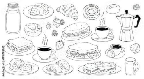 Delicious morning breakfast and coffee icons, perfect for menus, recipes, and cafe branding, offering a delightful start to any day.
