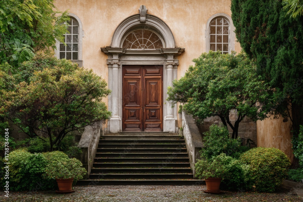 Fototapeta premium Limestone home entrance with a brown door framed by green hedges