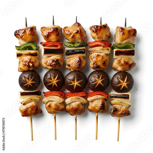 Grilled Yakitori Skewers with Chicken, Vegetables, and Mushrooms, Japanese Cuisine