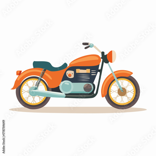 Stylized orange retro classic motorcycle vector illustration with flat design elements, representing vintage transport and freedom on the open road