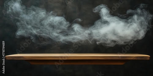 Empty Wooden Table and Smoke Texture with Dramatic Lighting Background.