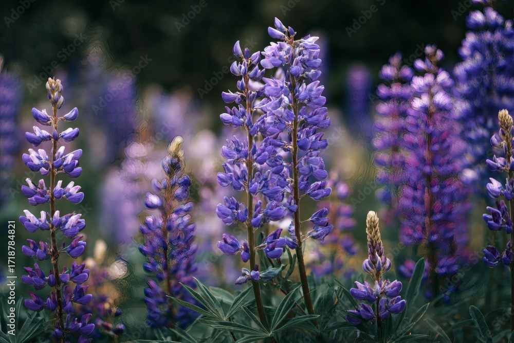 Fototapeta premium Amazing lupine blossoms illuminated by morning sun rays in a misty garden setting with deep blue 