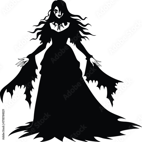 Black silhouette of a gothic woman in a flowing dress