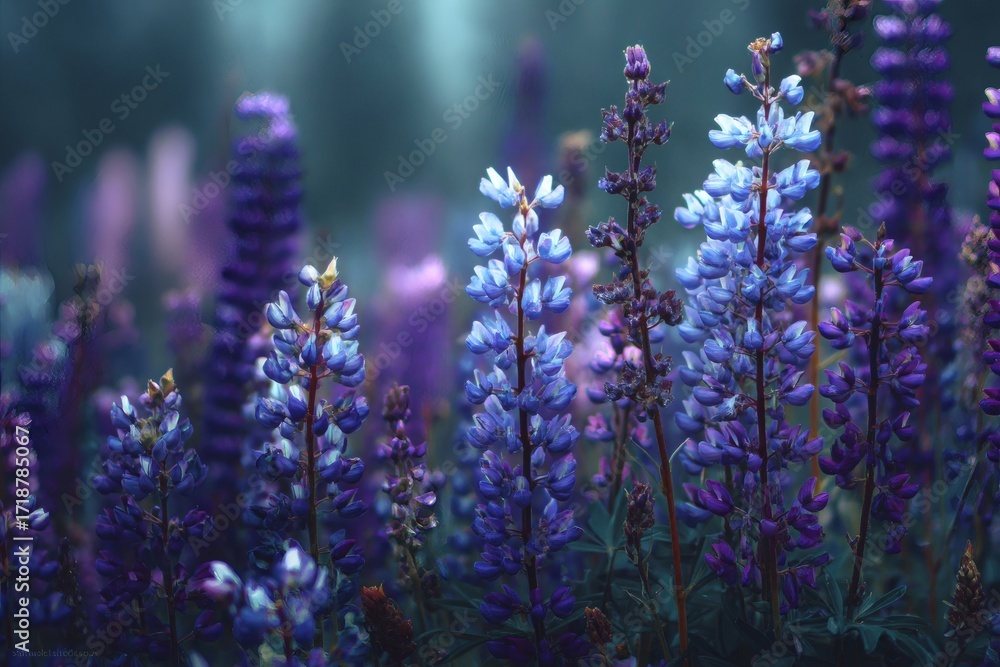 Obraz premium Amazing lupine blossoms illuminated by morning sun rays in a misty garden setting with deep blue 