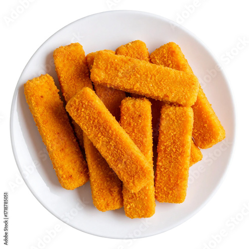 Fish sticks fried on white plate top view isolated on transparent background