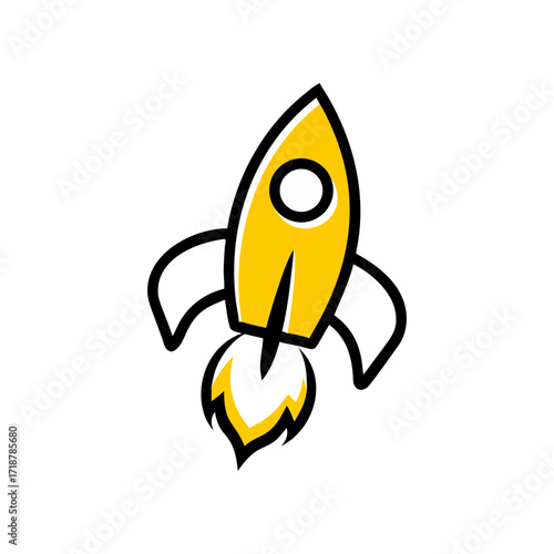 Simple yellow rocket ship launching into space 