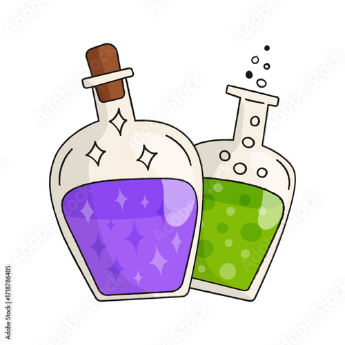 Poison elixirs bottles. Halloween magic potions and tinctures. Magical green and purple colored liquid in bottles. Vector illustration isolated on white background.