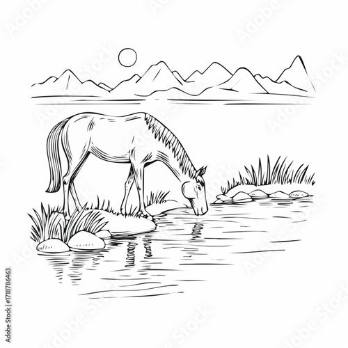 A tranquil horse drinks from a still lake, with towering mountains and a rising sun in the background, a beautiful line art depiction of nature's peace and wilderness