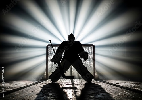 Dramatic silhouette of an ice hockey goaltender standing firm in front of the net, bathed in powerful backlighting, highlighting the intensity and focus required in the sport