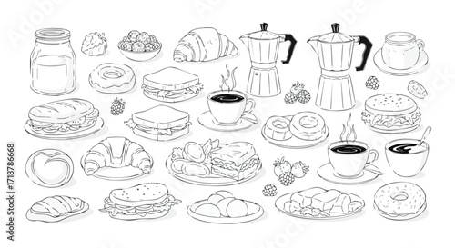 Wholesome breakfast spread featuring fresh croissants, coffee, sandwiches, donuts, and berries, perfect for culinary themes and cafe decor.