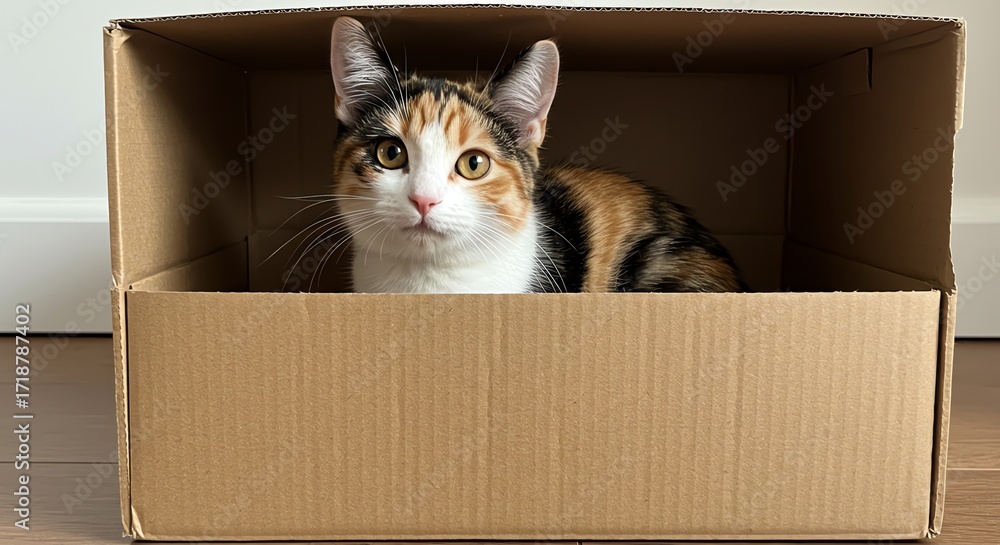 Fototapeta premium Calico cat sitting inside cardboard box