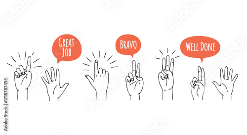 Celebrate success and achievement with dynamic hand gestures and encouraging words like 'Great Job', 'Bravo', and 'Well Done' for positive recognition campaigns.