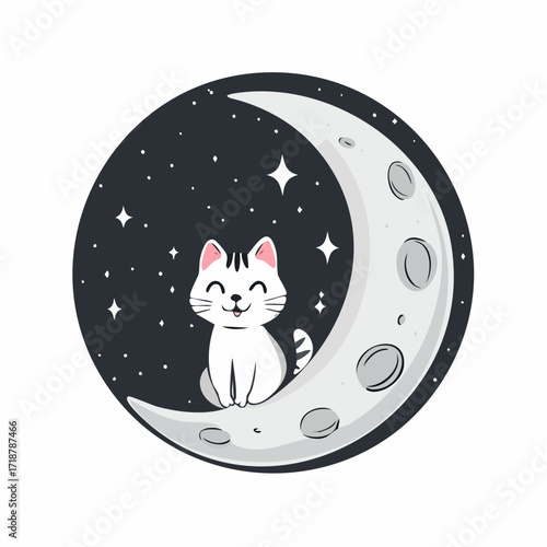 Whimsical illustration of a cheerful white kitten sitting peacefully on a bright crescent moon, surrounded by twinkling stars, creating a magical nighttime scene for sweet dreams