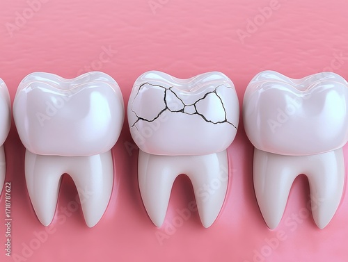 Row of white molar teeth with one cracked and damaged tooth on a pink background.