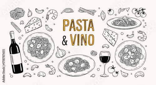 Enjoy a delectable pasta dinner with fine vino, featuring cheese, garlic, shrimp, tomatoes, and pasta, perfect for restaurant menus and culinary arts