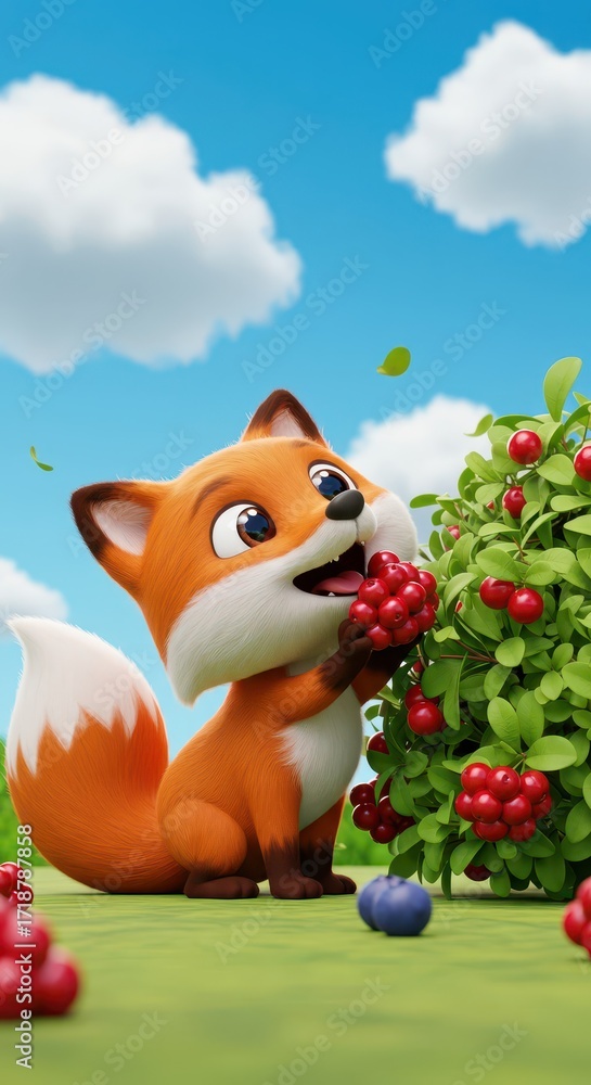 Fototapeta premium A cheerful cartoon fox enjoys a tasty treat of red berries in a vibrant outdoor setting.