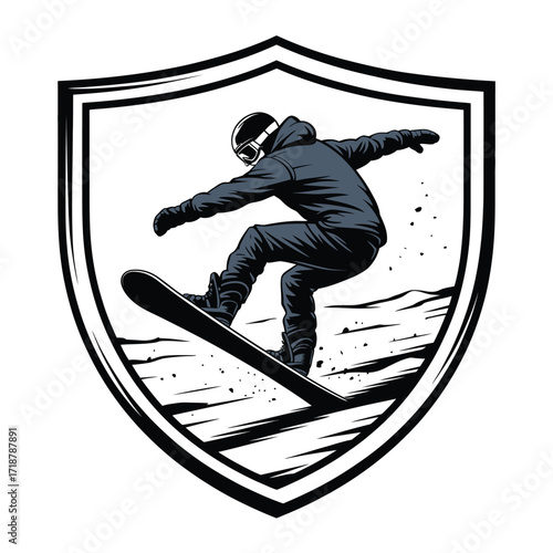 Shield Emblem with Snowboarder Performing Jump Trick, Winter Mountains Snowboarding Sport Logo, Extreme Sports Badge Vector, Outdoor Alpine Adventure, Retro Snowboard Club Symbol, Ski Holiday Design