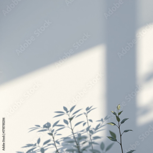 Minimalistic abstract light grey wall background for product presentation with sunlight shadow of plant leaves