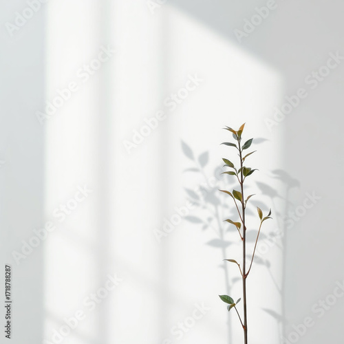 Minimalistic abstract light grey wall background for product presentation with sunlight shadow of plant leaves