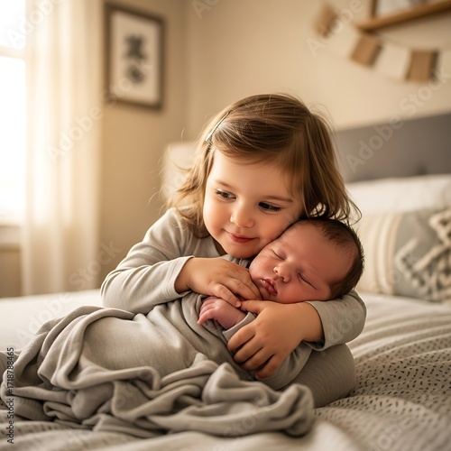 Sisterly love a tender embrace between siblings in a cozy home environment cherishing a newborn baby with genuine