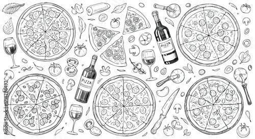 Savor the moment with delicious hand-drawn pizzas, wine, and fresh ingredients, perfect for culinary inspiration and food service designs.