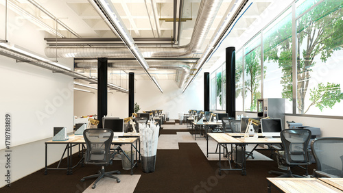 3D rendering of a modern open-plan office interior. Industrial style workspace with exposed ductwork. Corporate business environment.