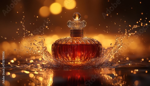 Luxurious ribbed glass perfume bottle splashing in water with a warm golden bokeh background.