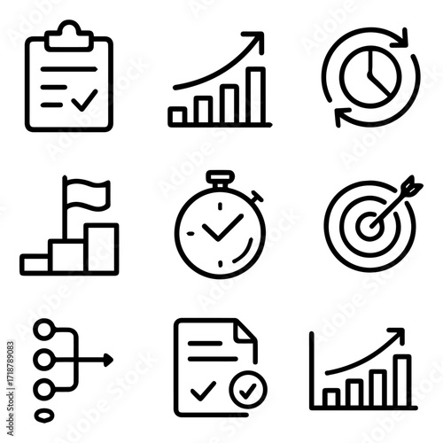 Collection of Business and Success Icons Depicting Goals Progress and Achievement.