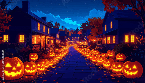 Halloween night scene with pumpkins lining a street in a quaint town.