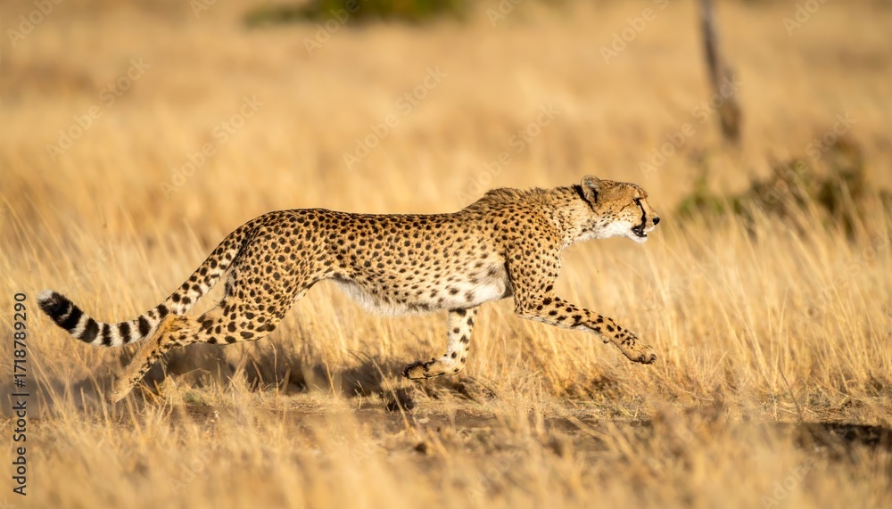 Fototapeta premium a slender leopard is running, its sharp gaze fixed on the viewer