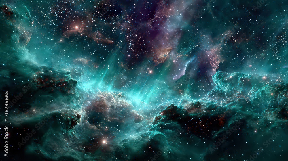 Fototapeta premium Vast Nebula With Multicolored Stars And Nebulous Clouds
