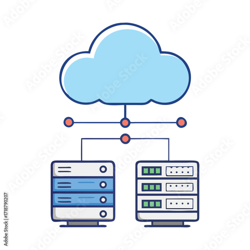 Cloud computing data center servers connected to a blue cloud symbol