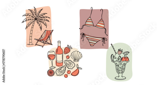 Dreamy summer vacation vibes with palm trees, beach chairs, cocktails, seafood, swimsuits, and delicious desserts for that ultimate getaway experience