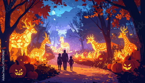 Family walking through a Halloween-themed park with glowing deer and pumpkins.