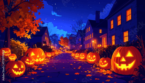 Halloween night scene with glowing pumpkins lining a street.