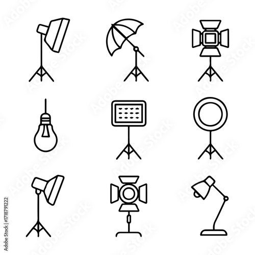 Collection of Professional Studio Lighting Equipment Icons.