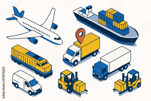 Isometric Transportation and Logistics Vehicle Icons in Minimal Corporate Vector Style