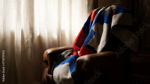 Wallpaper Mural poncho. Finely woven poncho with geometric patterns in national colors, draped over a weathered leather chair. event programs. Torontodigital.ca