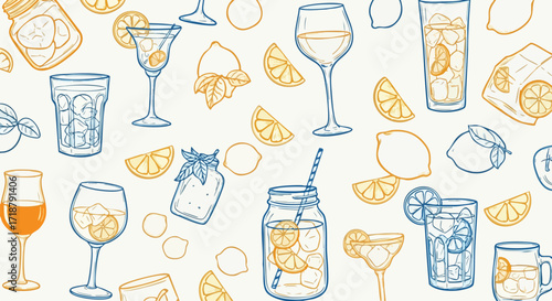 Refreshing citrus drinks and cool beverages illustrated in a vibrant, modern sketchy pattern perfect for summer promotions and party invitations.