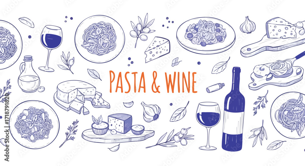 Φωτογραφία Savor the exquisite taste of Italian pasta and fine wine with this delightful hand-drawn collection, perfect for culinary inspiration and restaurant decor