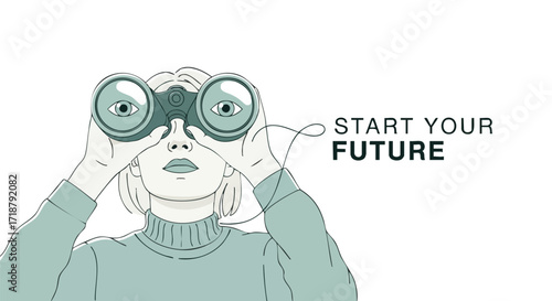 Young woman with binoculars looks ahead, optimistic about the future, planning new beginnings and seeking opportunity in a minimalist style