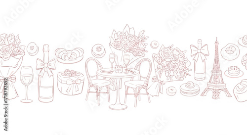 Charming Parisian celebration scene with Eiffel Tower, champagne, roses, pastries, and romantic cafe setting