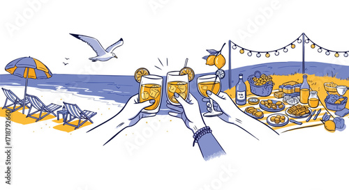 Friends toasting refreshing drinks at a vibrant beach picnic with delicious food and scenic ocean views under a sunny sky