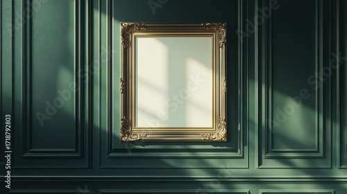 An empty gold-framed picture on a deep teal paneled wall, bathed in soft sunlight, casting elegant shadows.