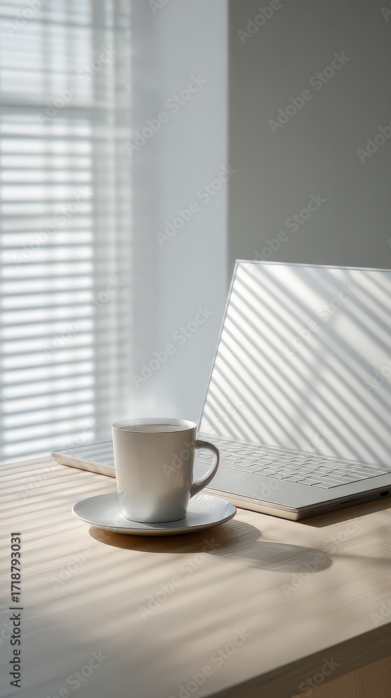 Obraz premium Warm Coffee Beside Laptop in Sunlit Office