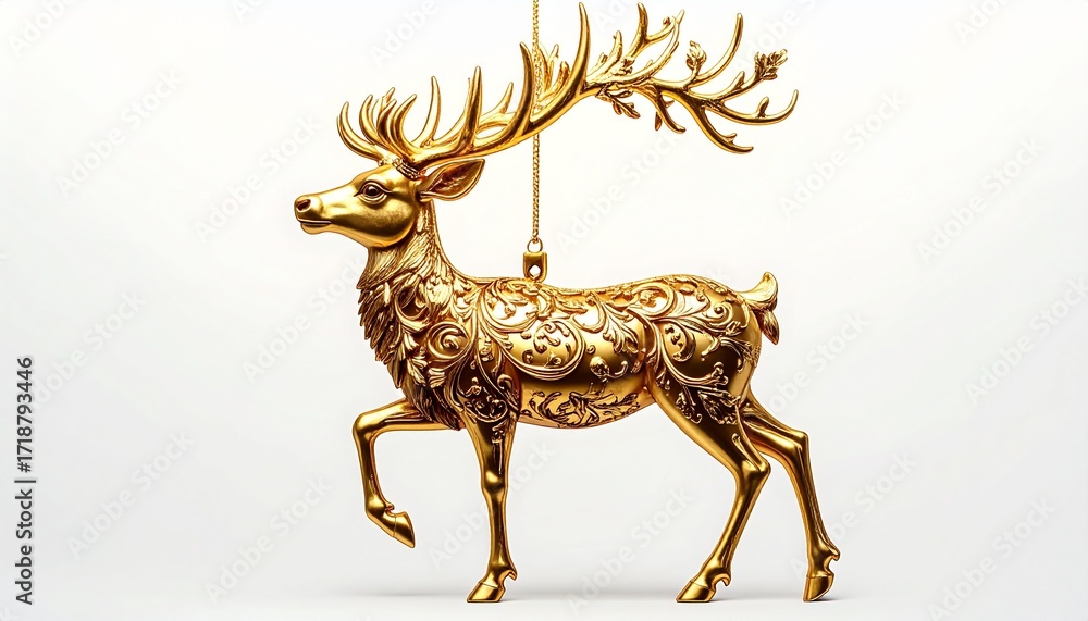 Obraz premium Gold reindeer ornament, intricate details, shiny surface, hanging loop, isolated on white background. 
