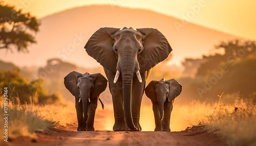 African elephant family on a dirt road at golden hour sunset.