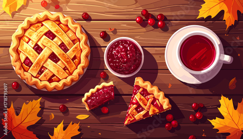 Overhead shot of cranberry pie, jam, tea, and autumn leaves on a wooden table.