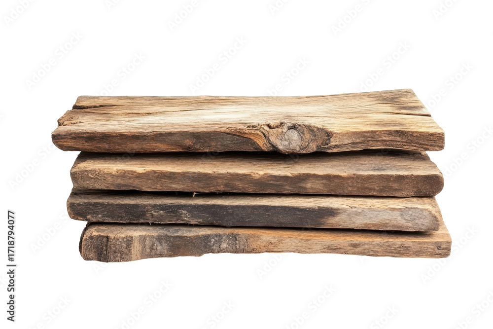 Fototapeta premium Stack of rough wooden planks isolated on transparent background. Rustic wooden planks isolated on white background.