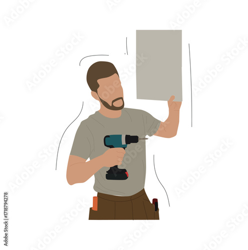 man drilling into cupboard. Man Character Assemble Furniture with Drill as DIY Home Repair Work 